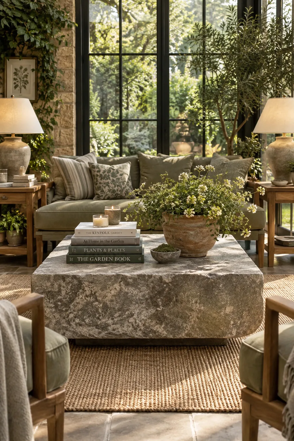Stone coffee table styled with gardening books in a sunroom.