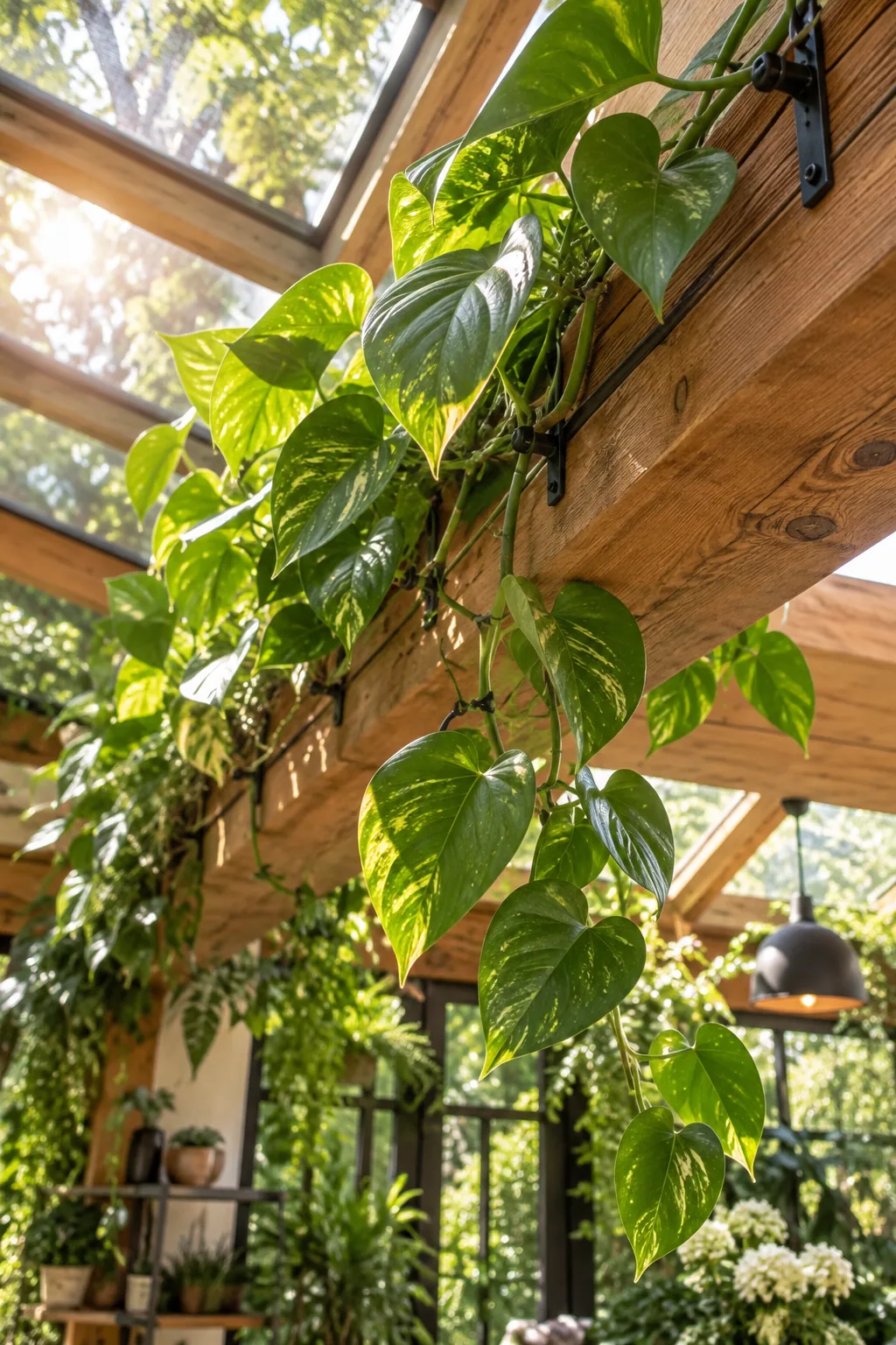 Indoor ivy vine climbing along the ceiling beams of a greenhouse room.
