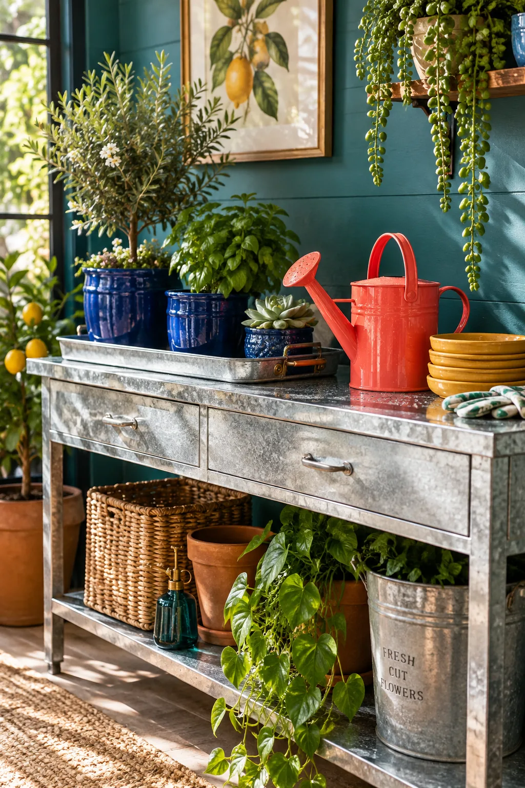 Galvanized metal potting bench used as a sideboard in a garden room.