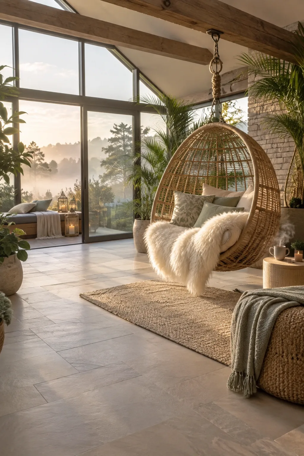 Wicker hanging egg chair with a sheepskin throw in a garden room.