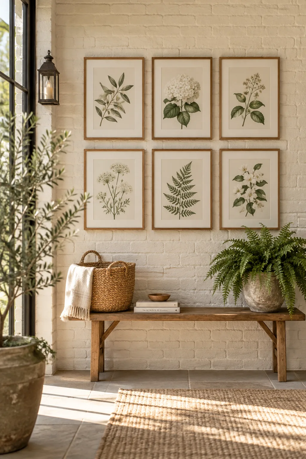 Exposed brick wall painted creamy white inside a garden room.