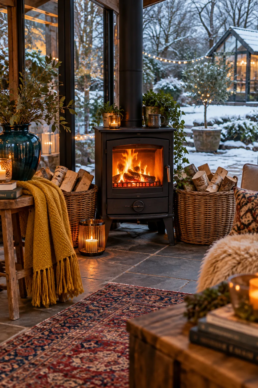 Freestanding electric cast iron stove flanked by wicker log baskets in a sunroom.