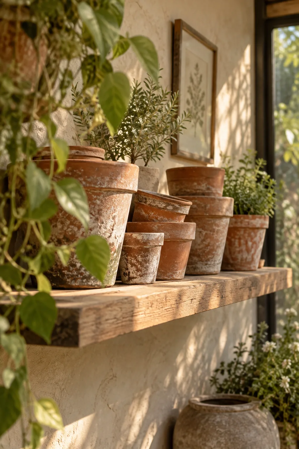 Floating wooden shelf displaying empty vintage terracotta pots.