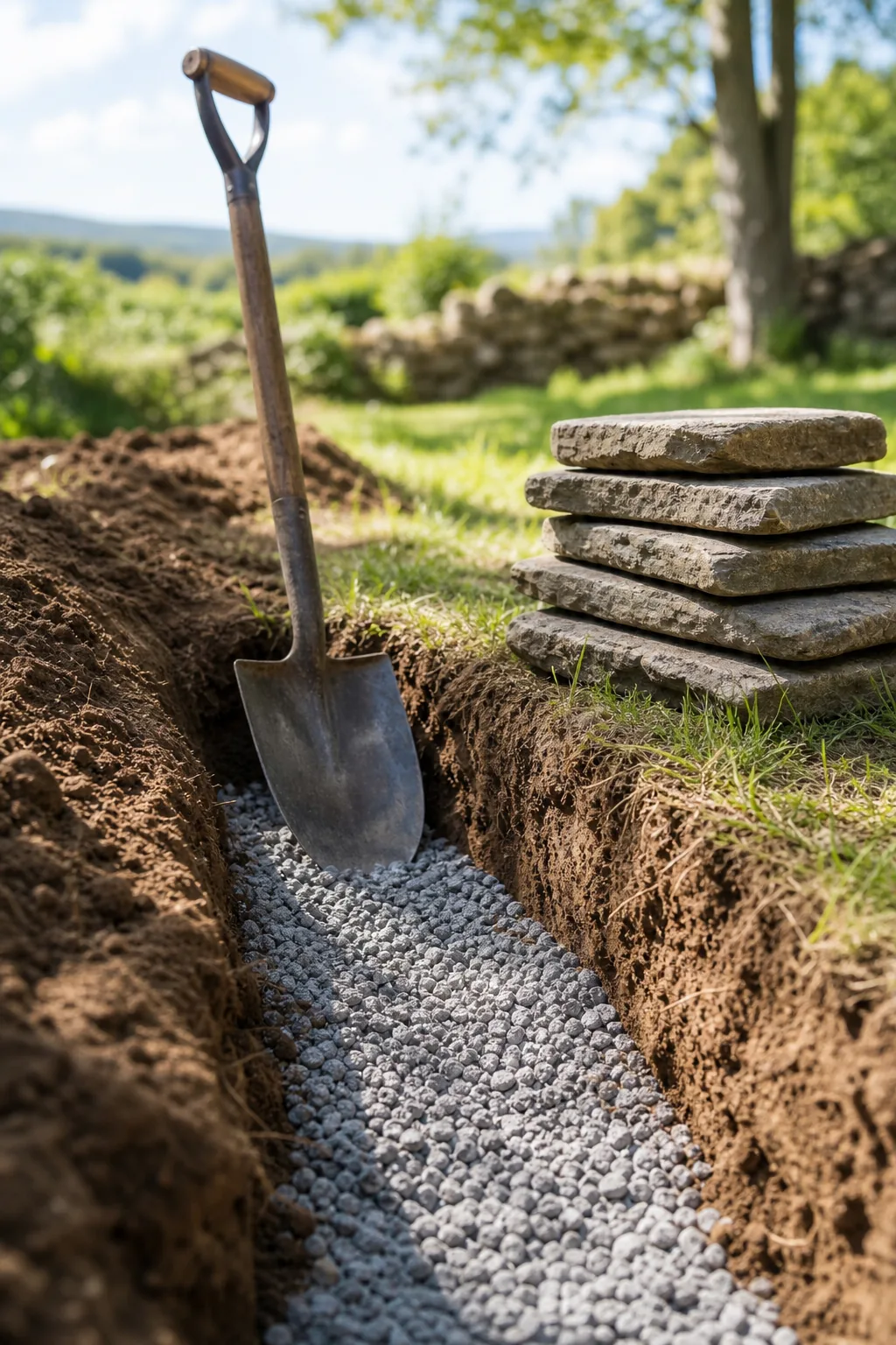 A dug foundation trench lined with leveled gravel, with a shovel and large flat stones nearby.