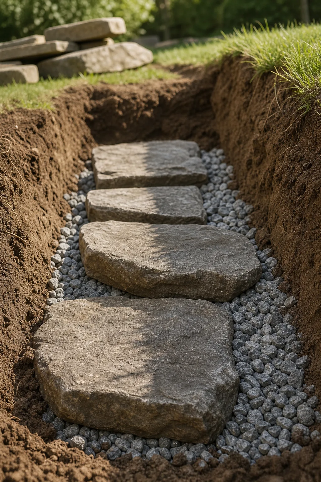 Large, flat foundation stones laid tightly together inside a dirt trench, surrounded by crushed gravel.