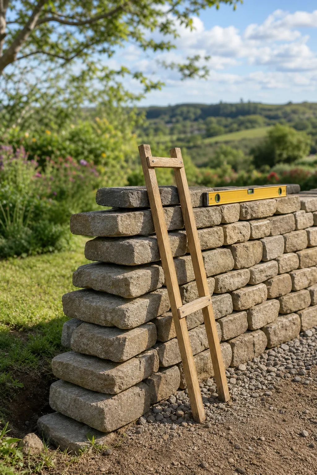 A wooden guide frame and mason's level resting against a partially built stone wall, demonstrating the backward lean.