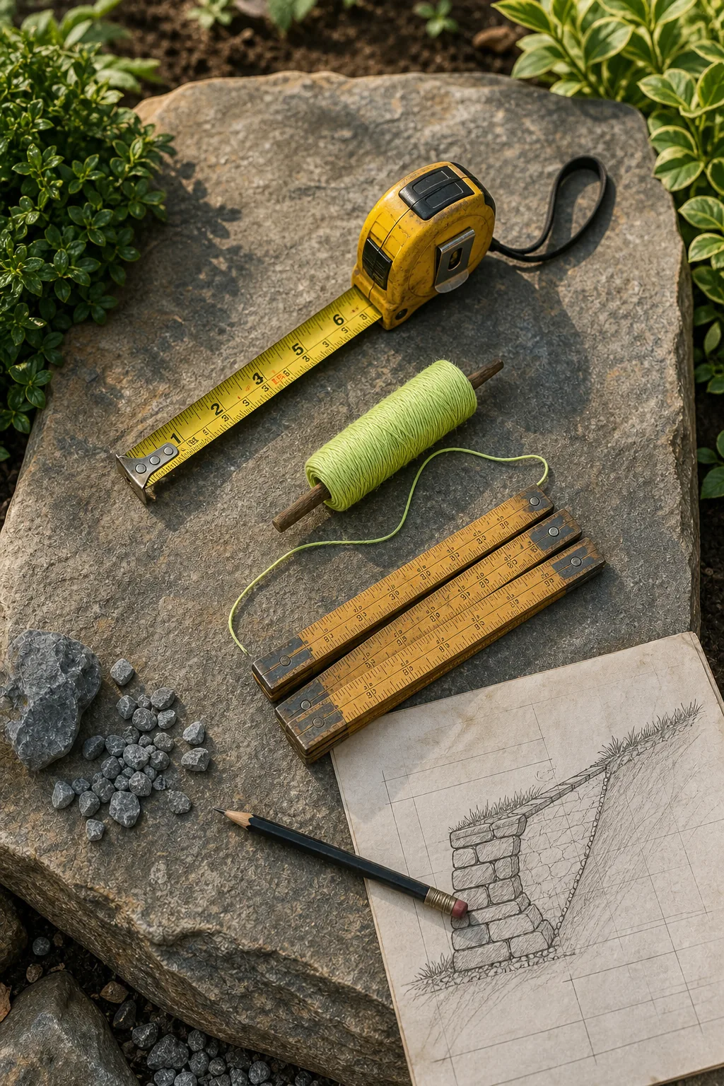 A tape measure, folding rule, and mason's line laid out on a flat stone next to a paper sketch.