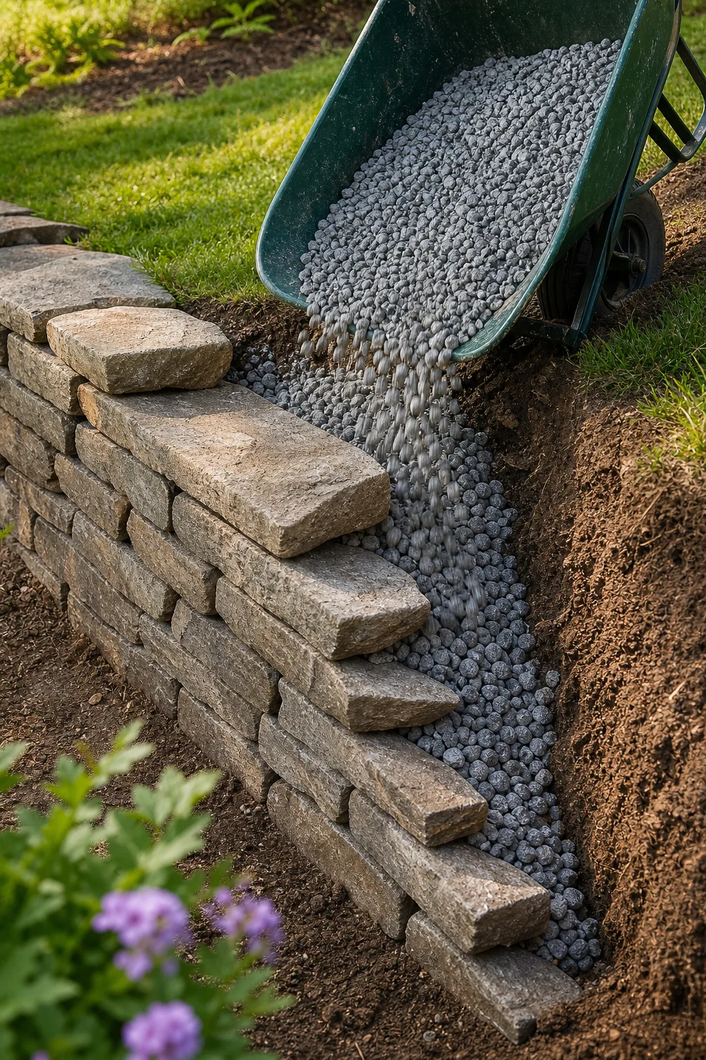 Crushed grey gravel being poured from a wheelbarrow into the gap behind a partially built stone wall.