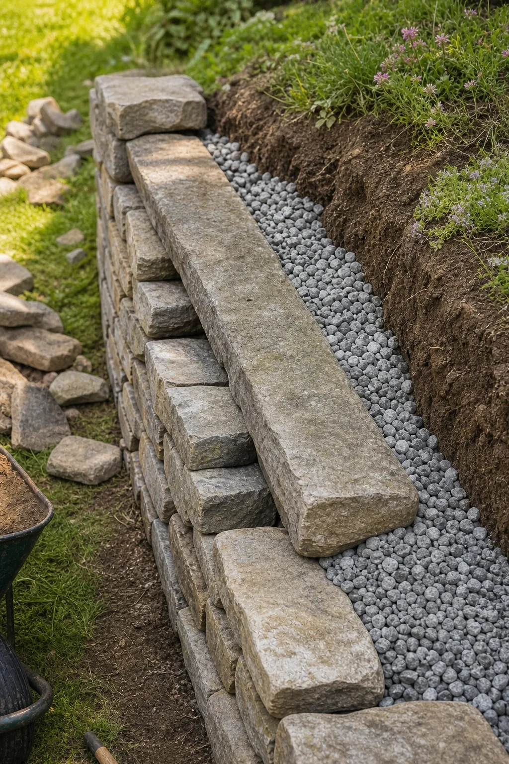 Top-down view of a long stone extending from the front face of a wall backward into a layer of gravel.