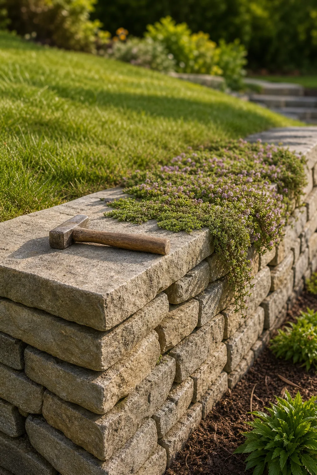 A mason's hammer resting on a large, flat capstone at the top of a finished dry-stacked wall.