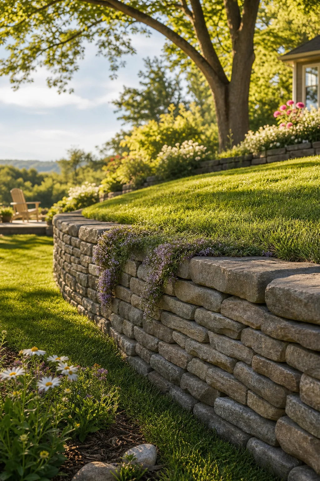 A completed dry-stacked stone retaining wall with lush green grass and creeping thyme growing along the top edge.