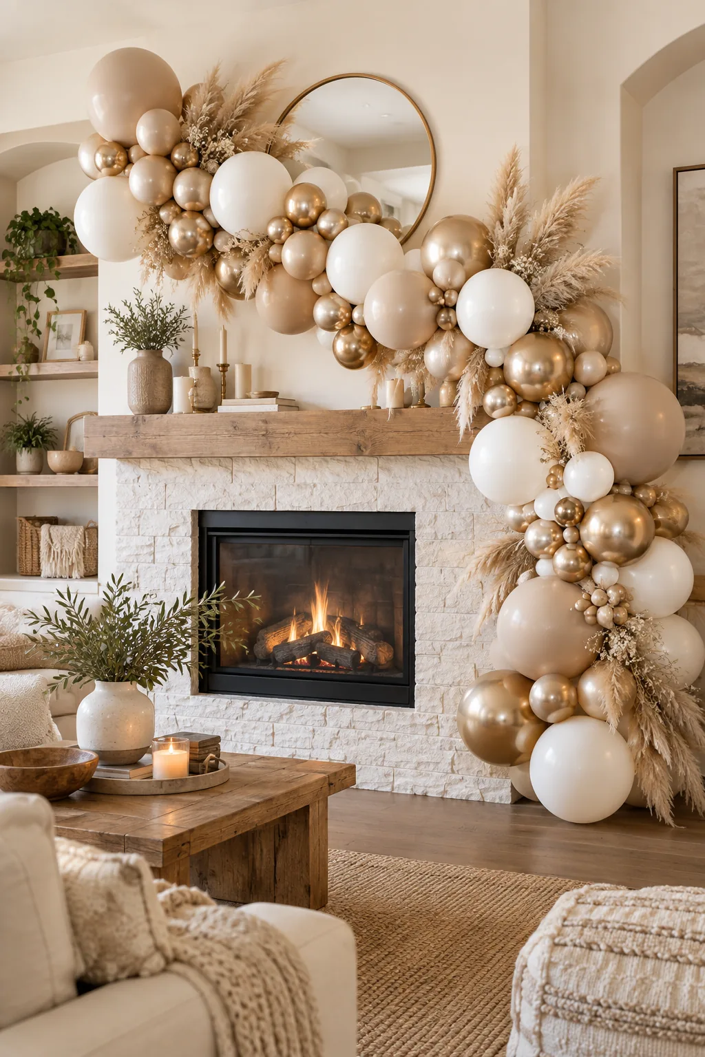 A balloon garland in sand, white, and gold colors draped over a living room fireplace.
