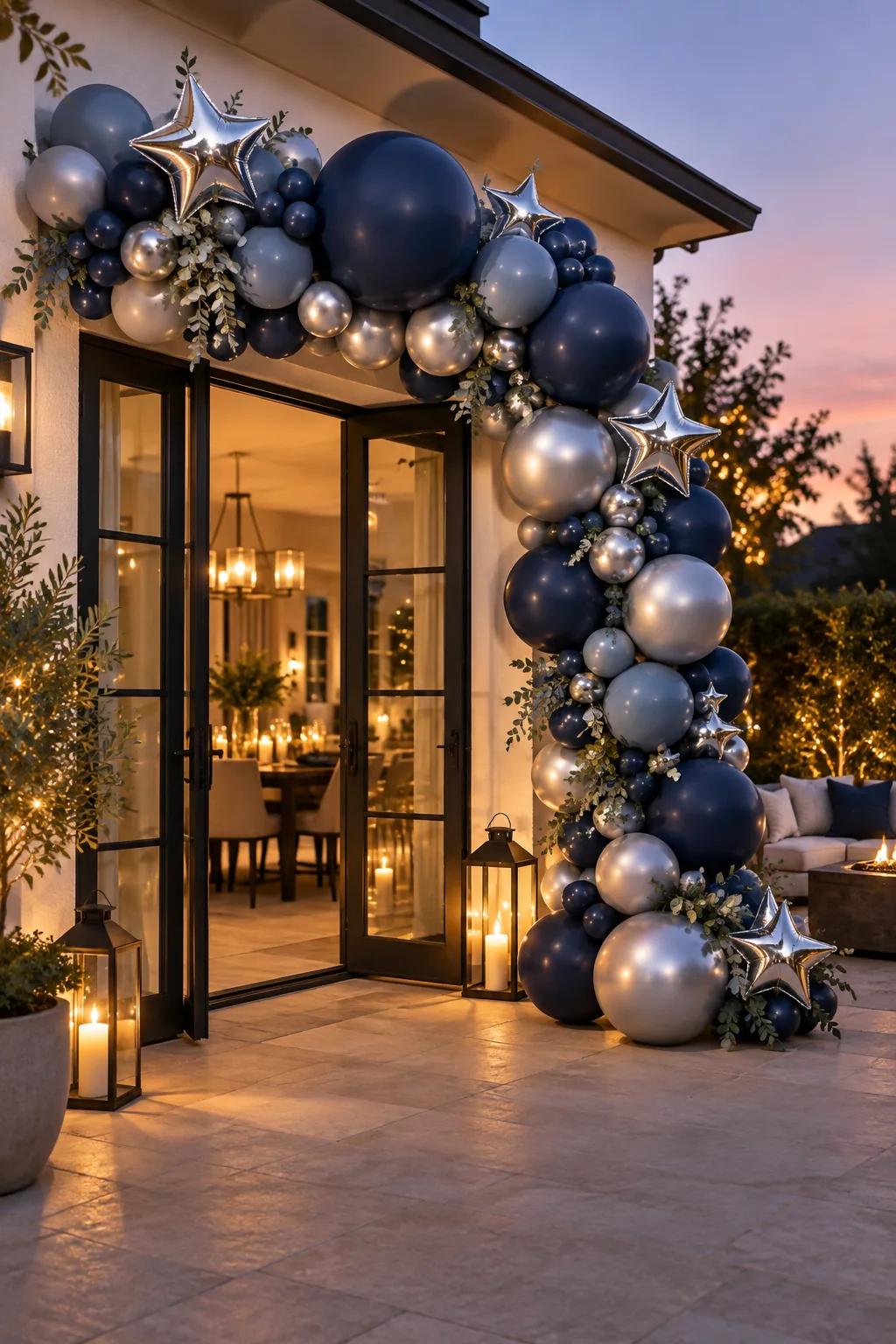 A navy and silver balloon garland with star accents decorating an outdoor patio.