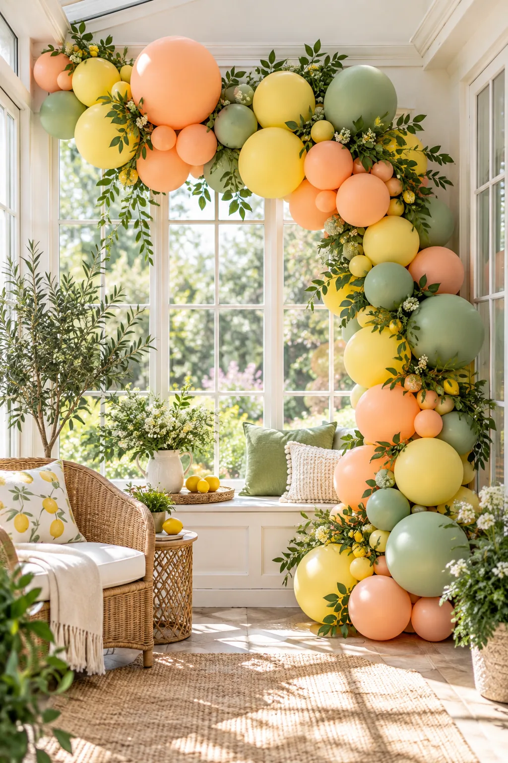 A peach, yellow, and sage green balloon garland framing a bright sunroom window.
