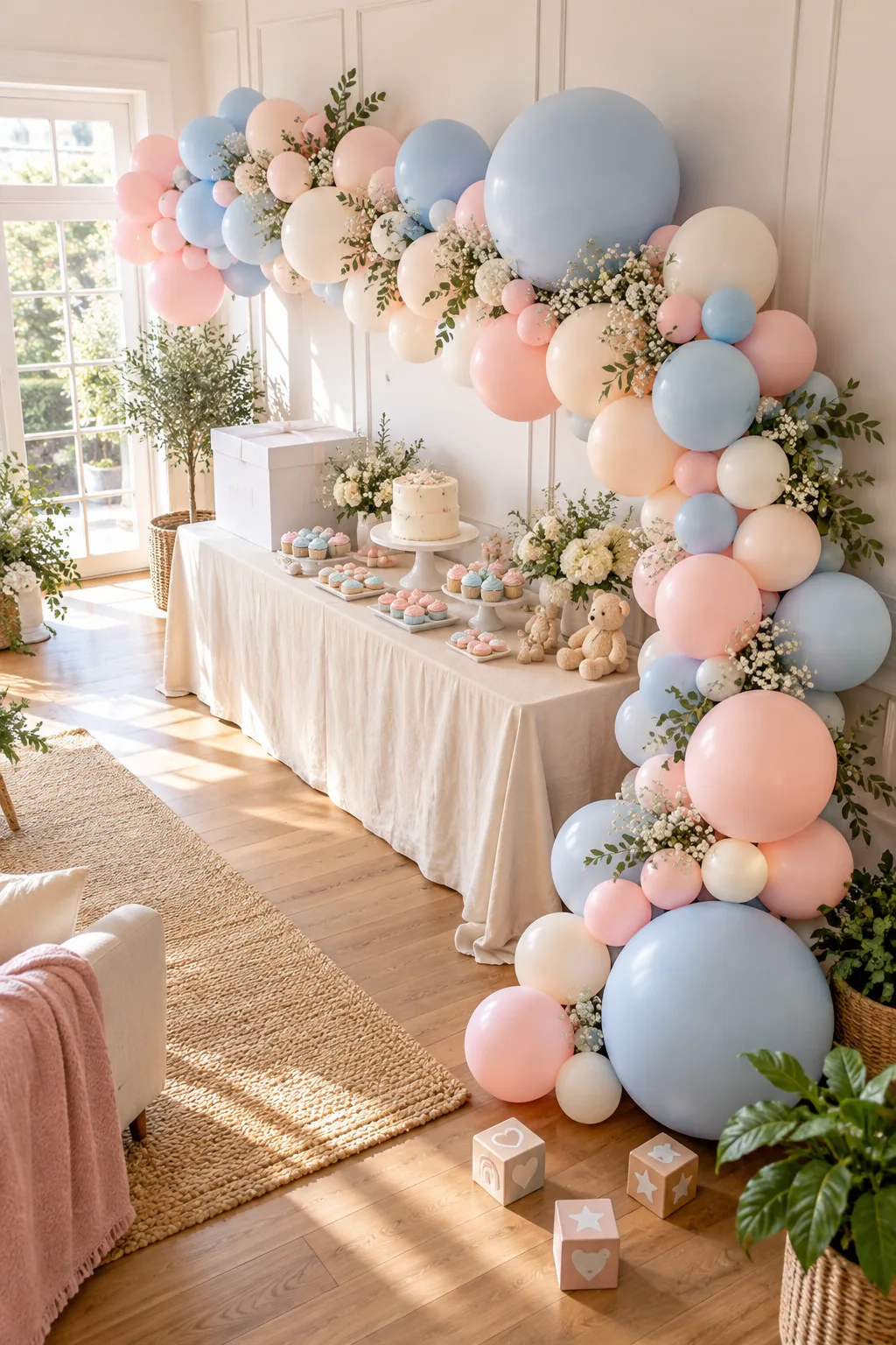 A styled dessert table framed by a thick balloon garland made of multiple balloon sizes in pink, blue, and cream.
