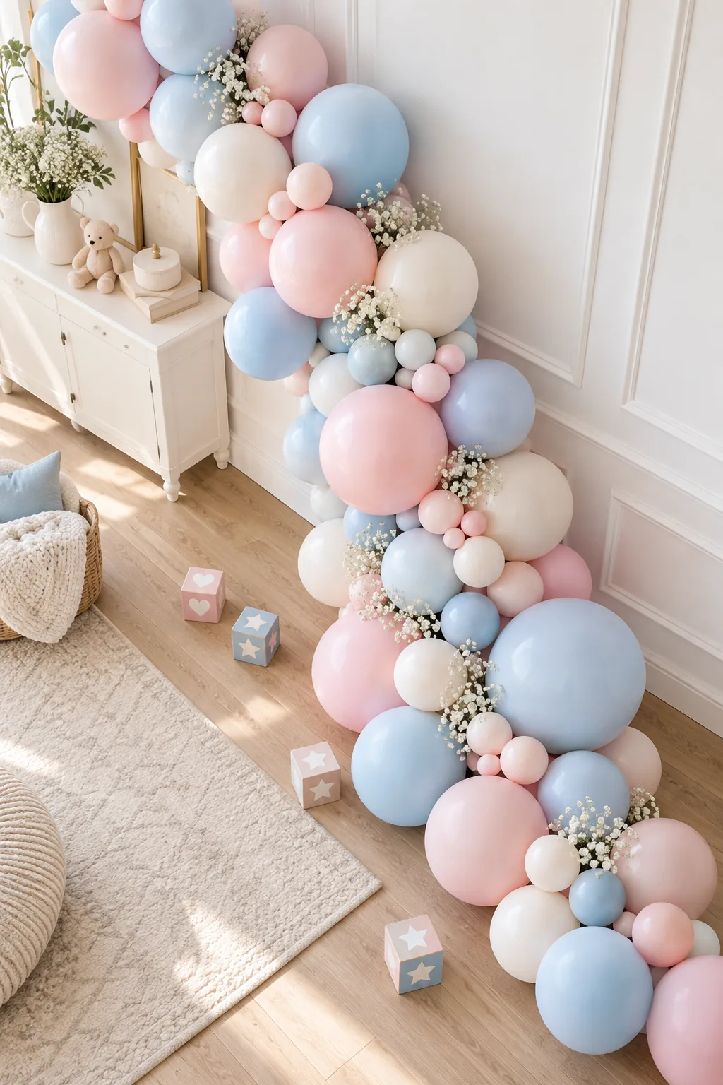 A large ten-foot balloon garland cascading down a white wall and pooling onto a light wood floor.