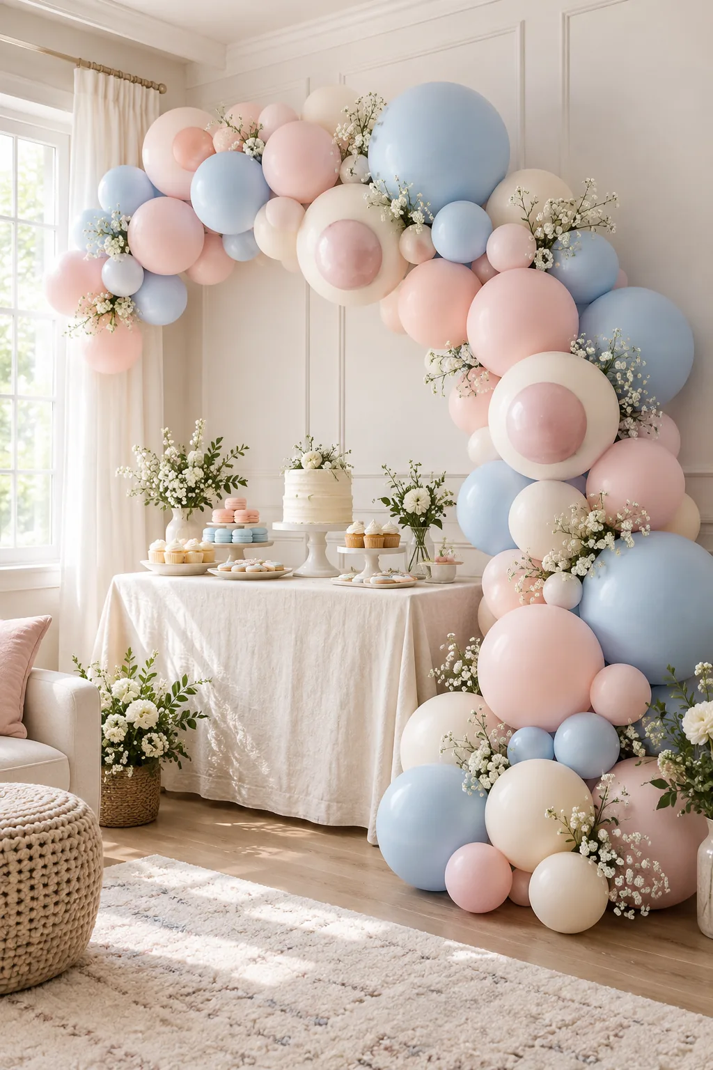 Close-up of perfectly round pink and blue balloons clustered together in a garland.