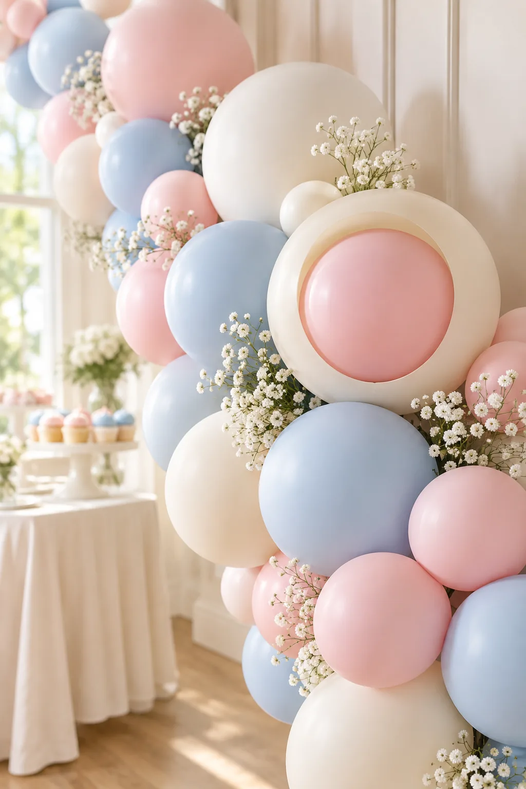A muted rose balloon layered next to light blue balloons with baby's breath tucked in between.