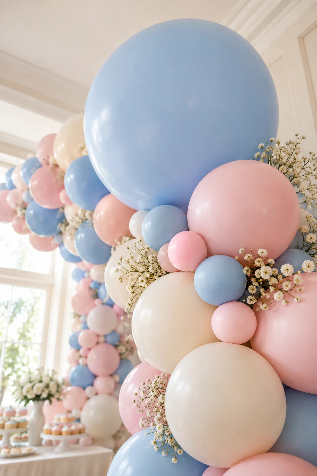 Looking down the length of a balloon garland, showing tight clusters of four balloons twisted together.
