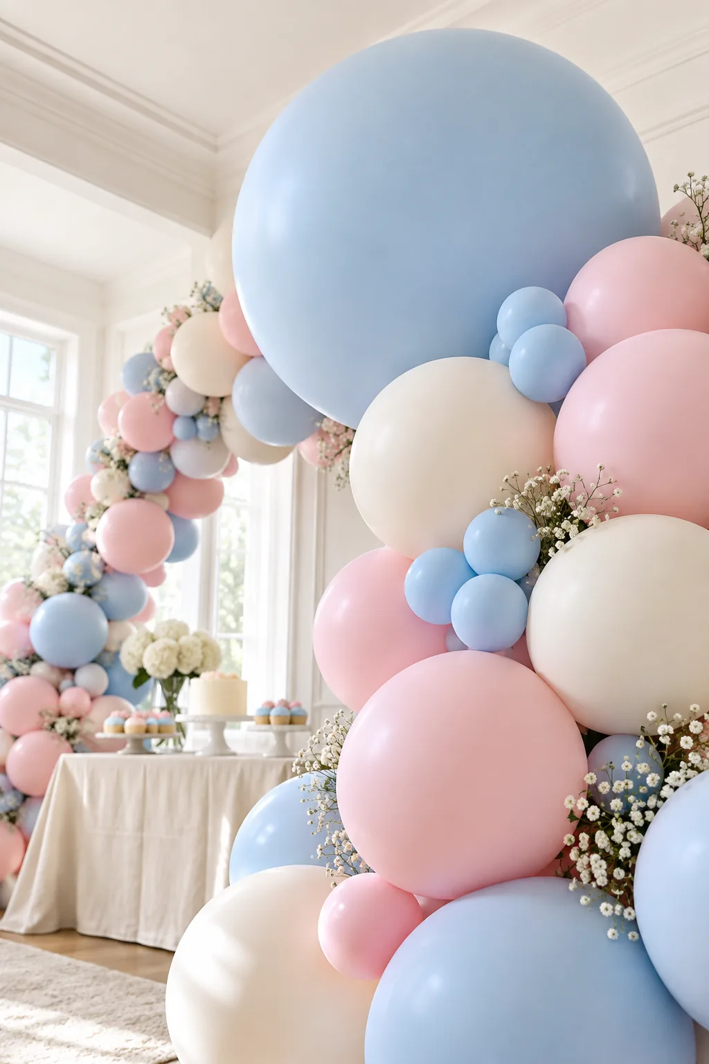A large 18-inch blue balloon integrated into a garland of smaller pink and cream balloons.