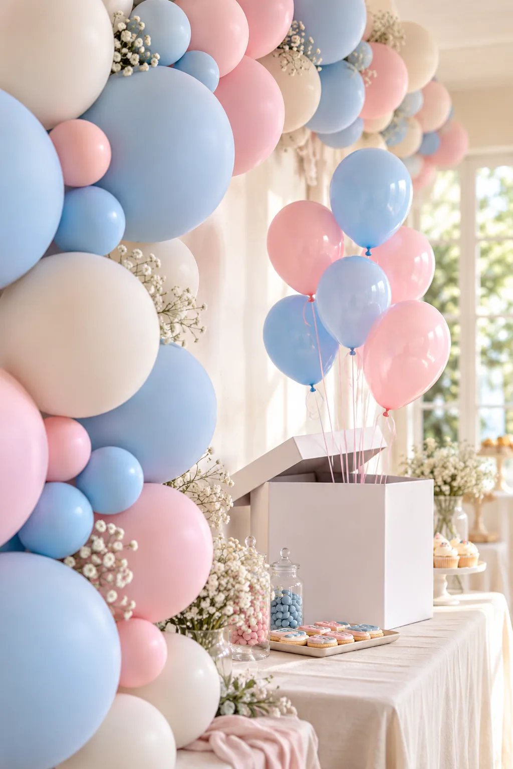 Tiny 5-inch balloons filling the gaps between larger balloons in a party garland.