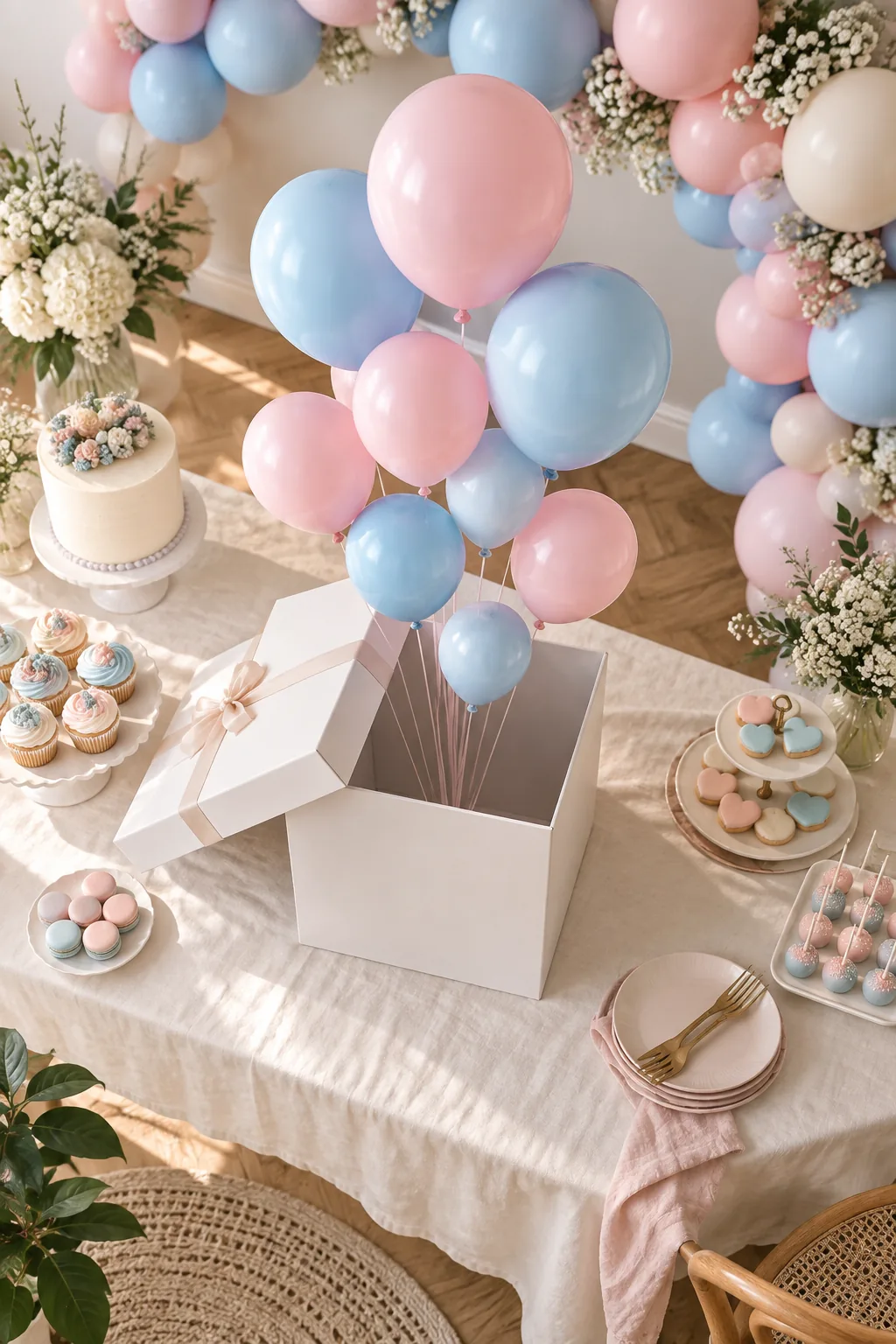 A white box on a table with pink and blue balloons floating out of it at staggered heights.