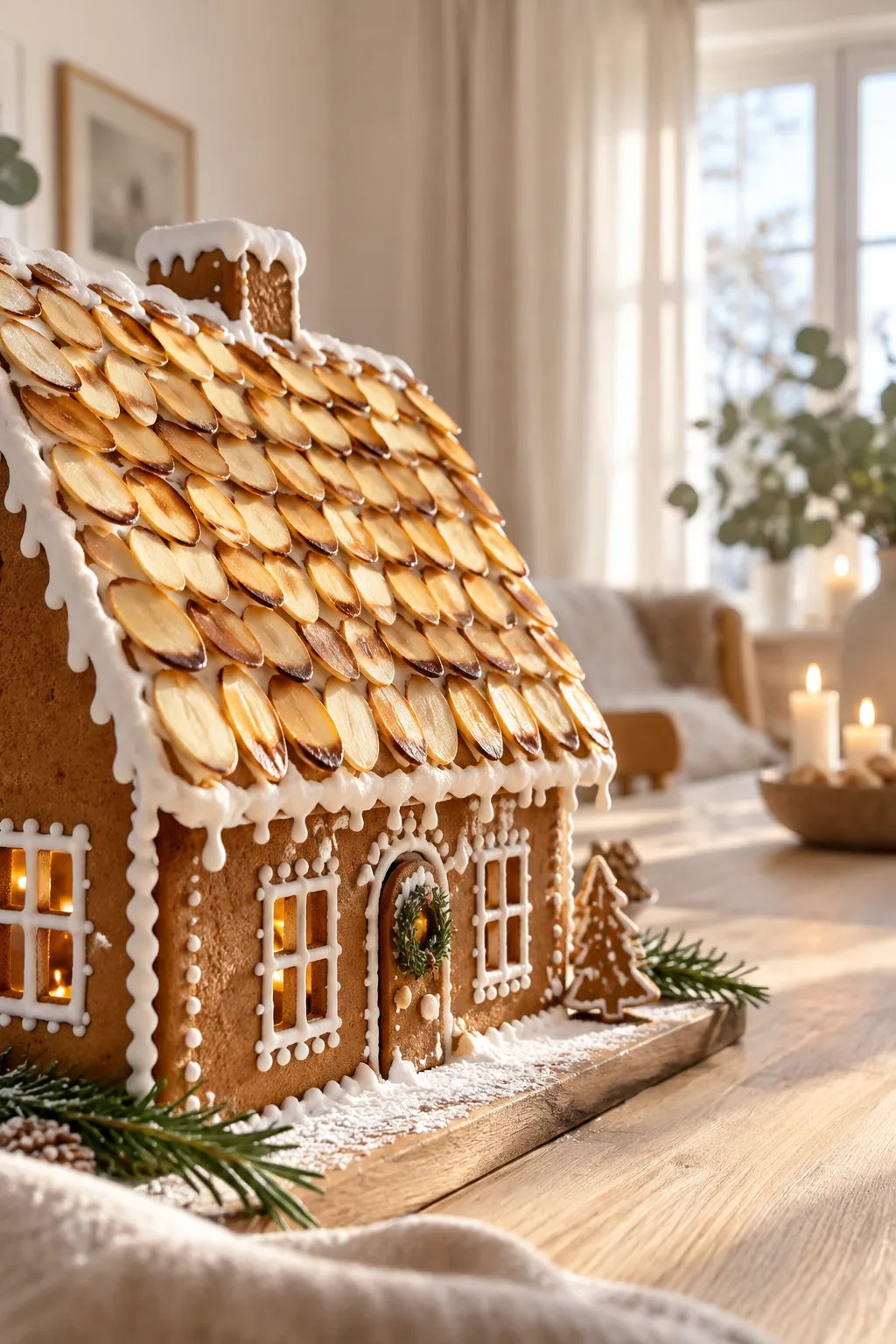 A gingerbread house roof covered in neatly overlapping toasted sliced almonds mimicking wooden shingles.