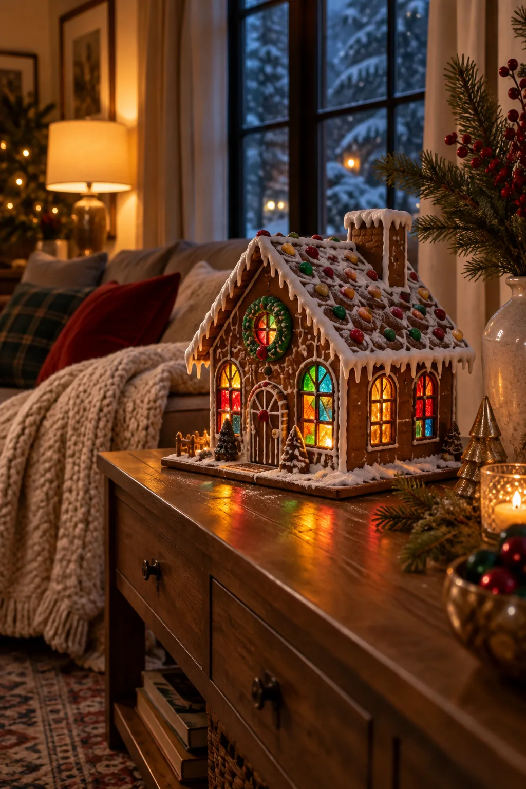 Brightly colored melted candy filling the window cutouts of a gingerbread house, glowing from a light inside.