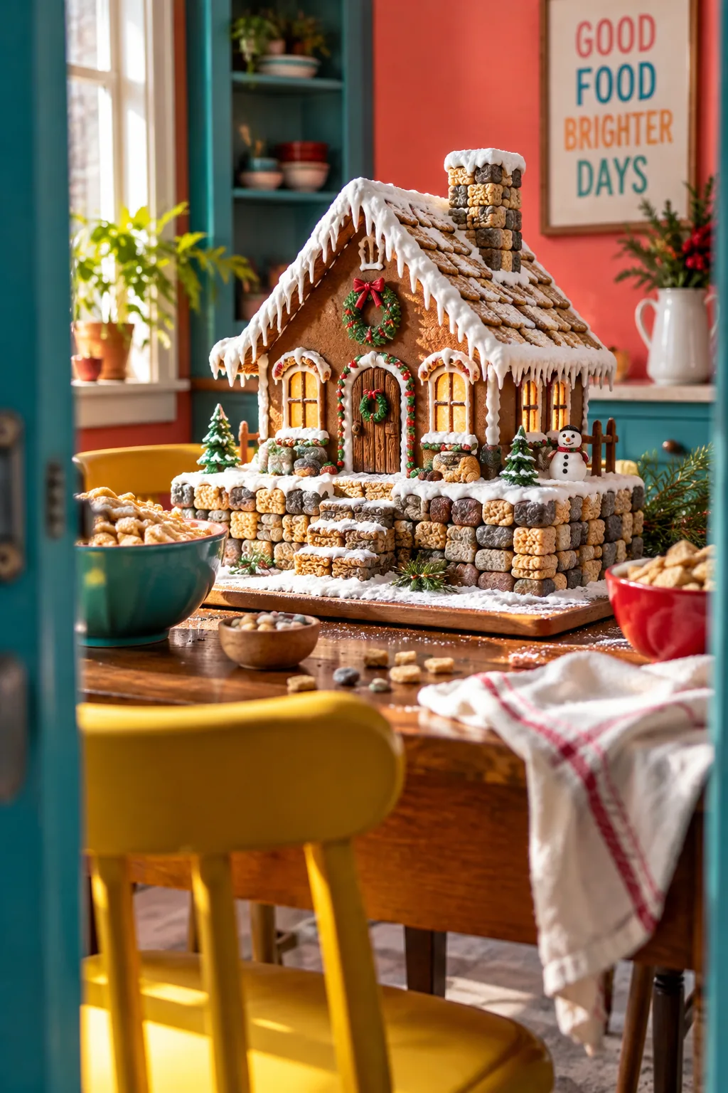 The bottom edge of a gingerbread house lined with small, multi-colored cereal pieces pressed into icing to look like a stone foundation.