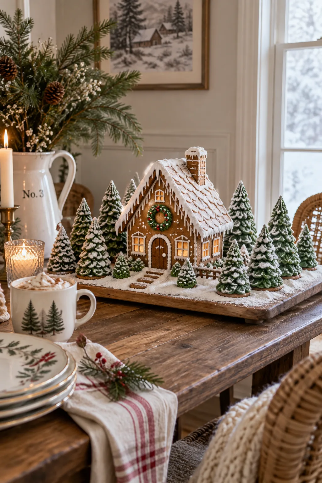 Several upside-down sugar cones piped with green star-tip frosting to look like pine trees, dusted with powdered sugar.