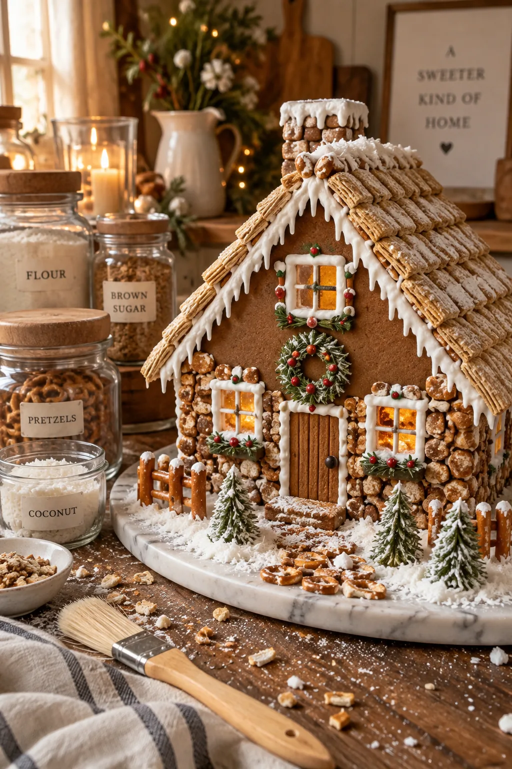 A gingerbread house featuring pretzel rod walls, a graham cracker path, and coconut snow.