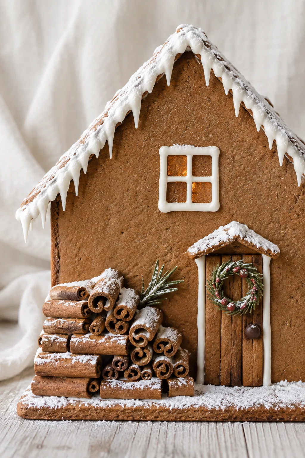 A small pile of broken cinnamon sticks stacked against the side of a gingerbread house, dusted with powdered sugar.