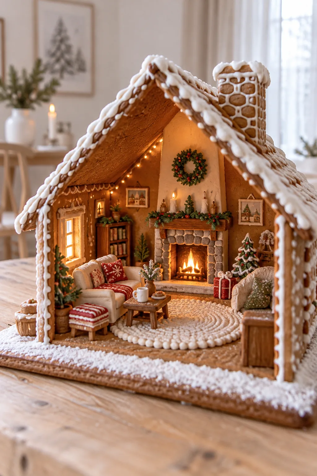 The open back of a gingerbread house revealing a tiny piped rug and a small fondant fireplace inside.