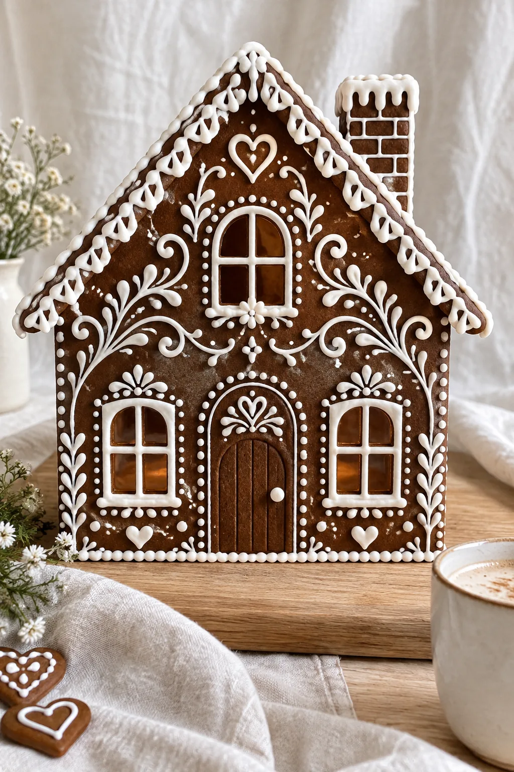 A very dark brown gingerbread house decorated with stark white, intricate royal icing piping.