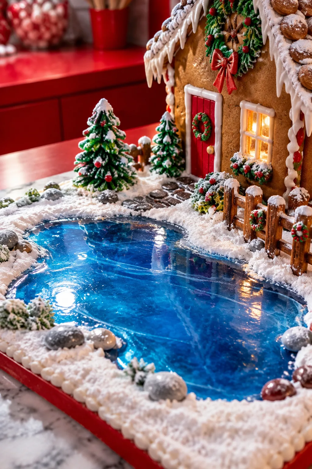 A smooth, glossy patch of light blue poured sugar in the front yard of a gingerbread house, resembling a frozen pond.