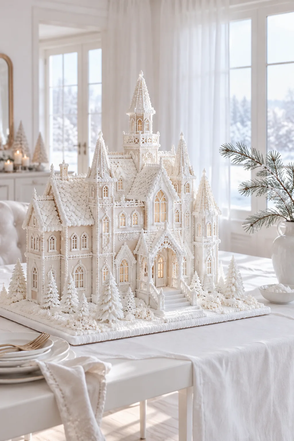A gingerbread house decorated entirely with intricate white royal icing, avoiding any colored candies.