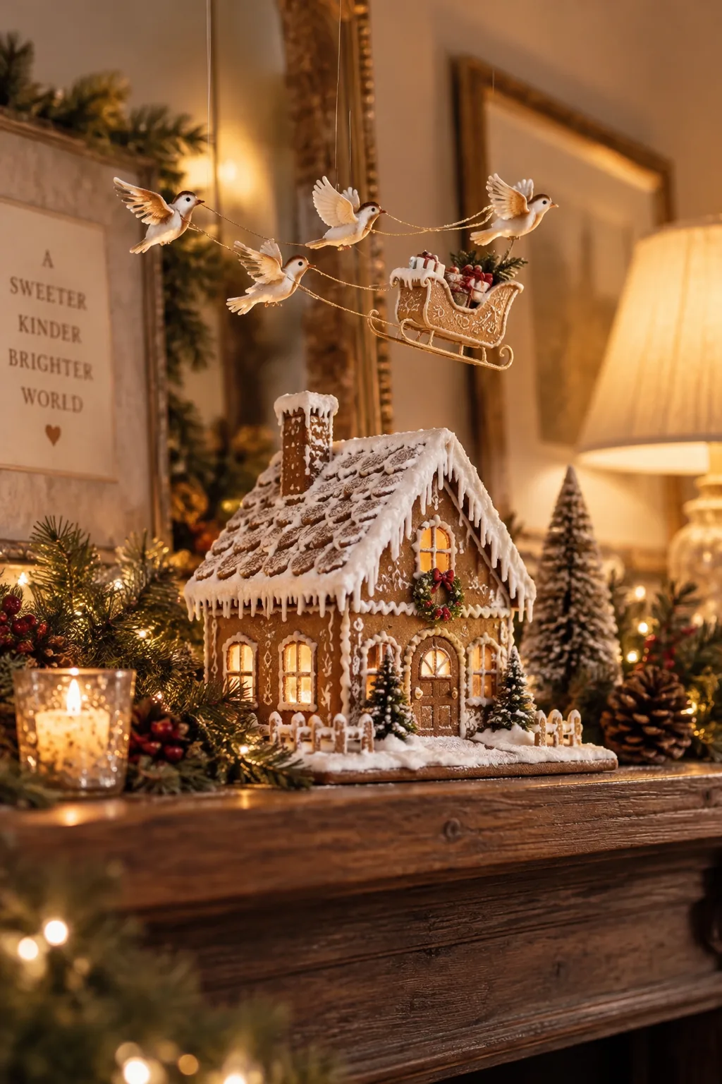 Tiny marzipan birds suspended on invisible fishing line above the roof of a gingerbread house.