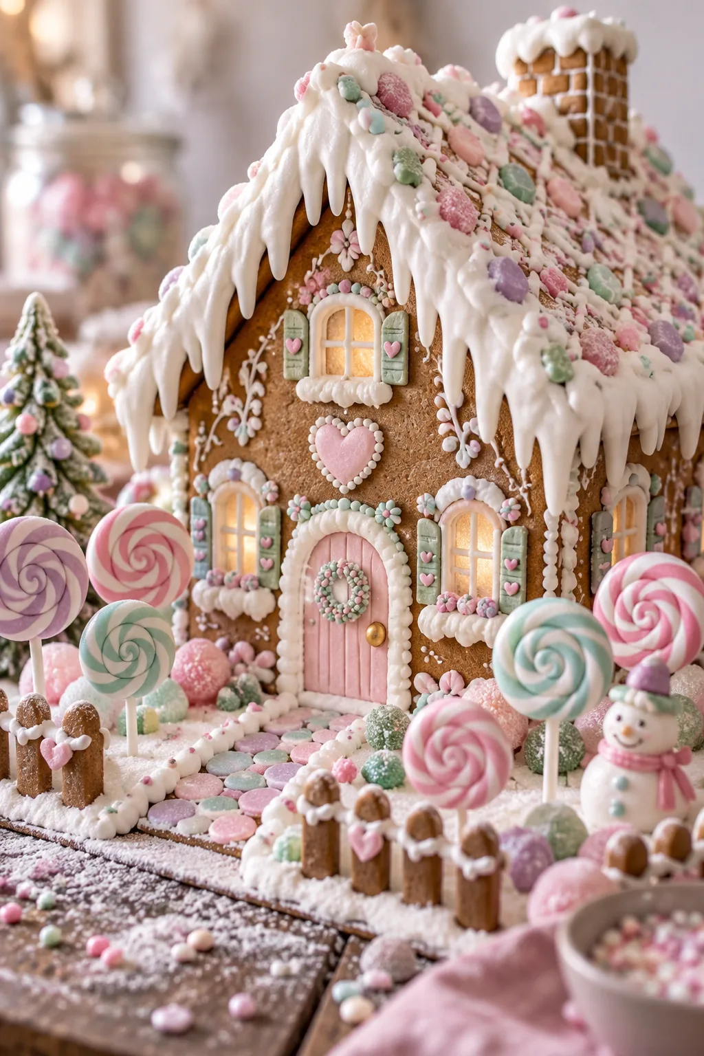 A gingerbread house with huge, cartoonish drips of white icing hanging off the roofline, surrounded by pastel lollipops.