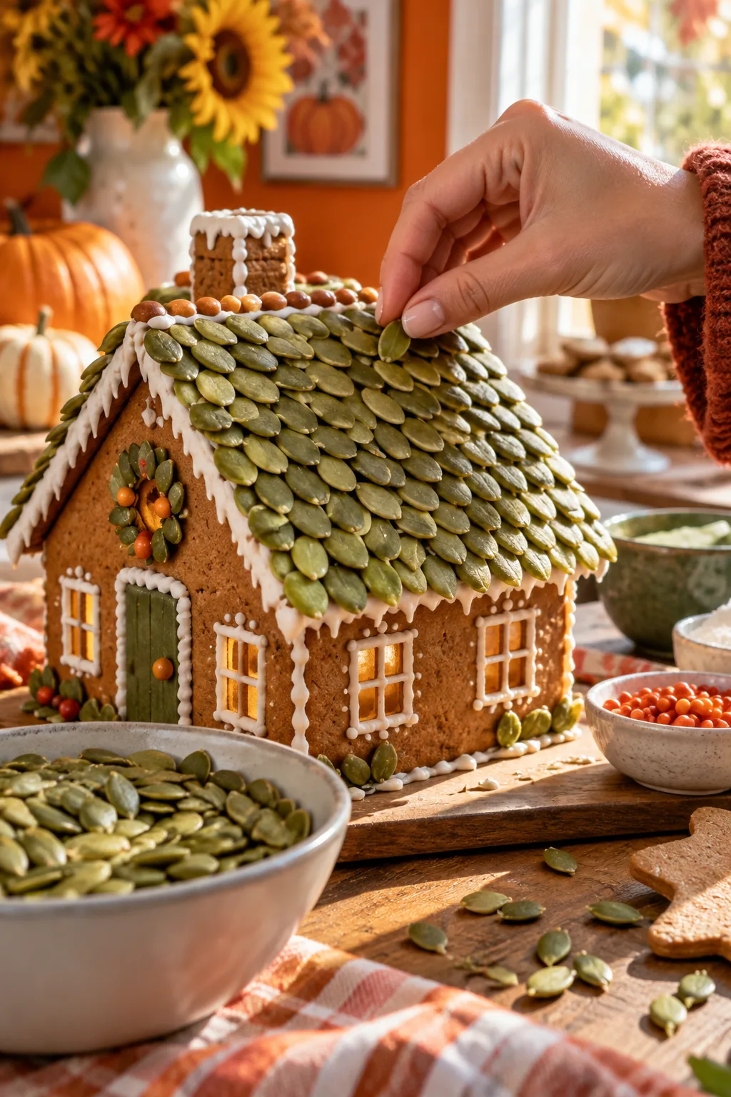 A gingerbread house roof covered in overlapping green pumpkin seeds.