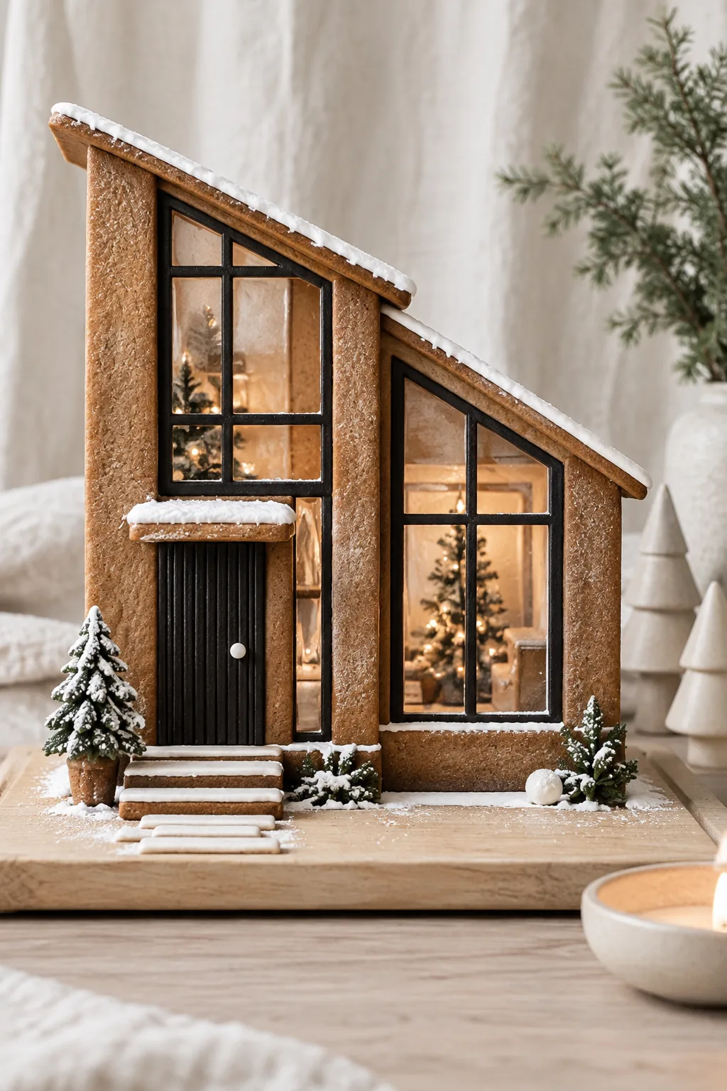 A modern-style gingerbread house with a slanted, asymmetrical roof and black licorice detailing on the windows.