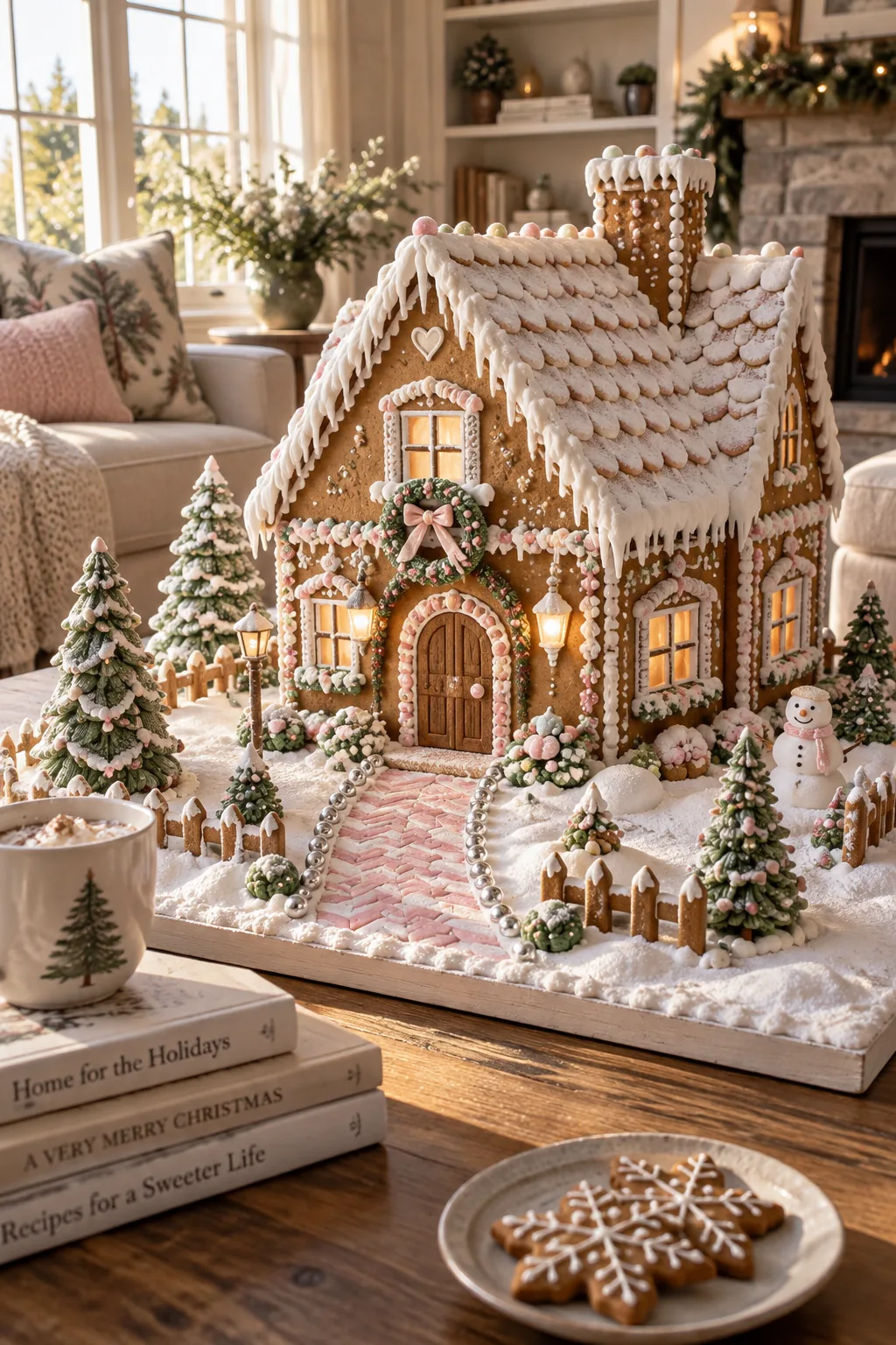 A neat walkway leading to a gingerbread house made of rectangular pieces of chewing gum arranged in a herringbone pattern.