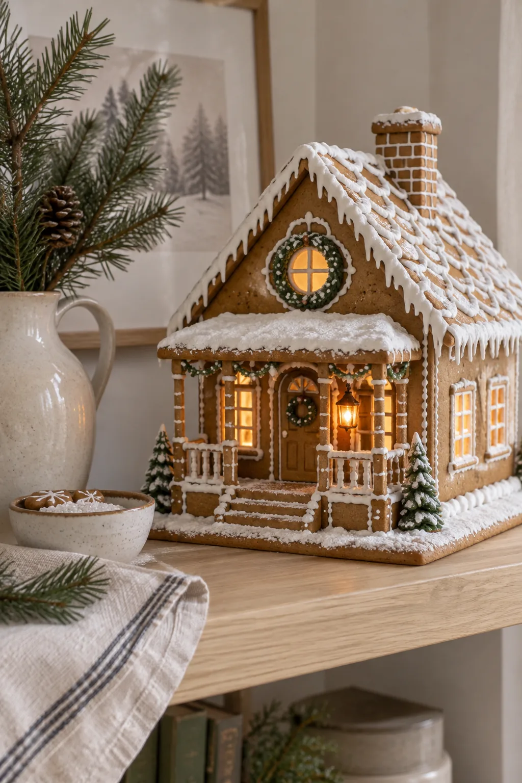 A tiny hollowed-out yellow gumdrop hanging on a gingerbread front porch, glowing from a hidden LED light.