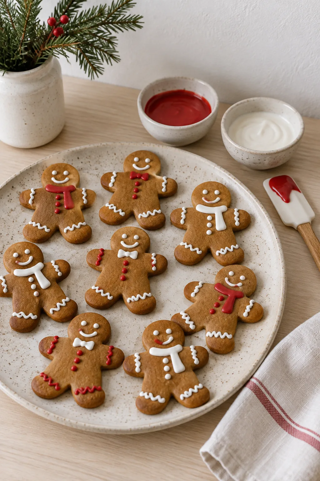 Gingerbread men decorated with white and red icing on a wire rack