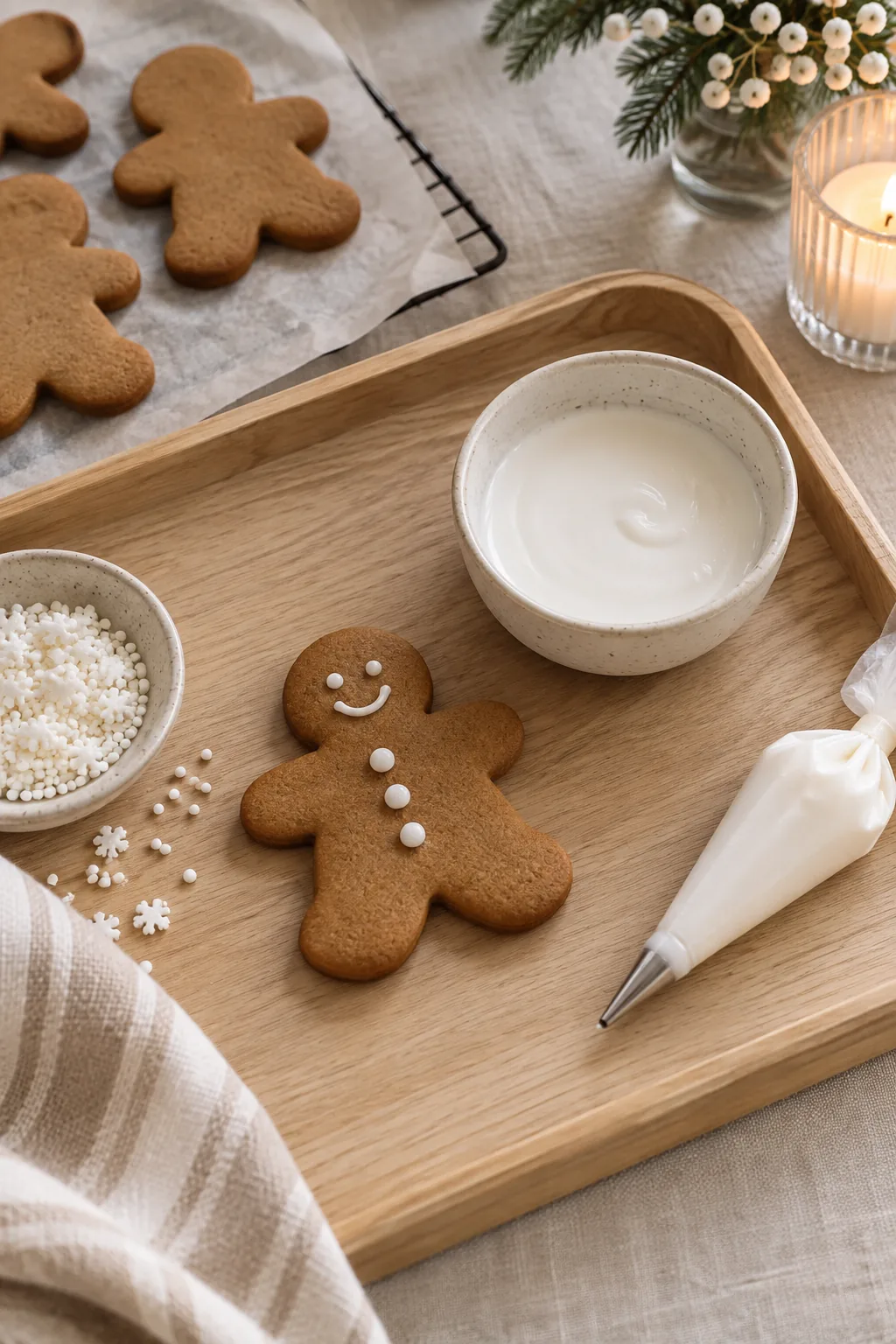 Close up of a gingerbread man with perfect round icing buttons