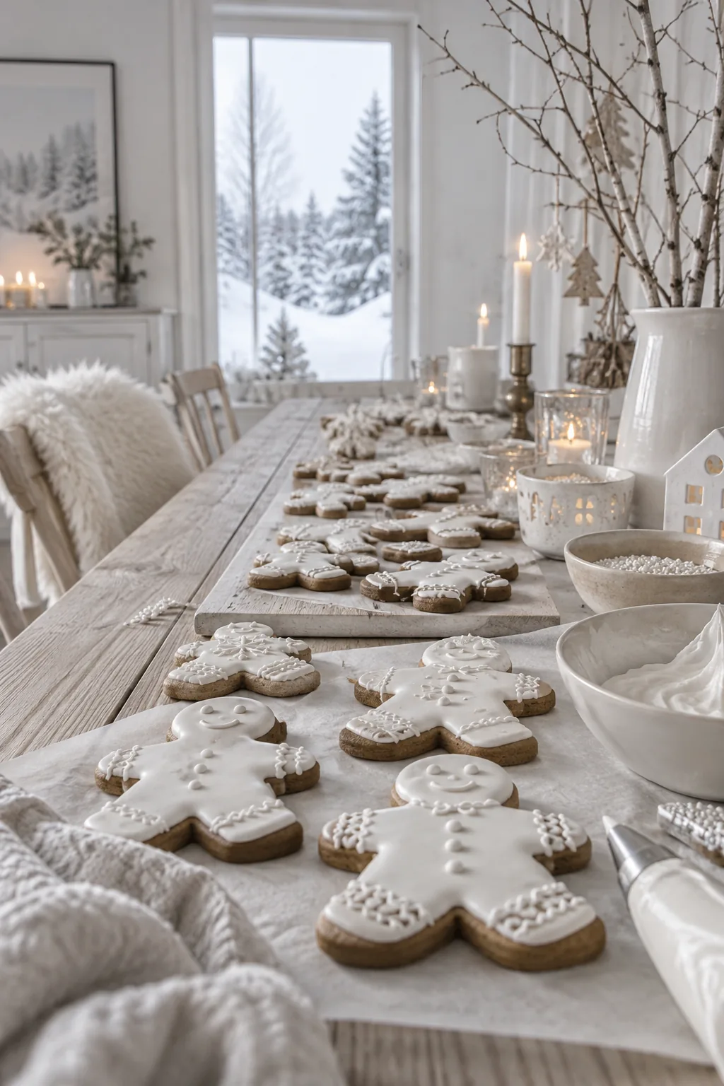 Gingerbread cookies covered in all white icing with lace details