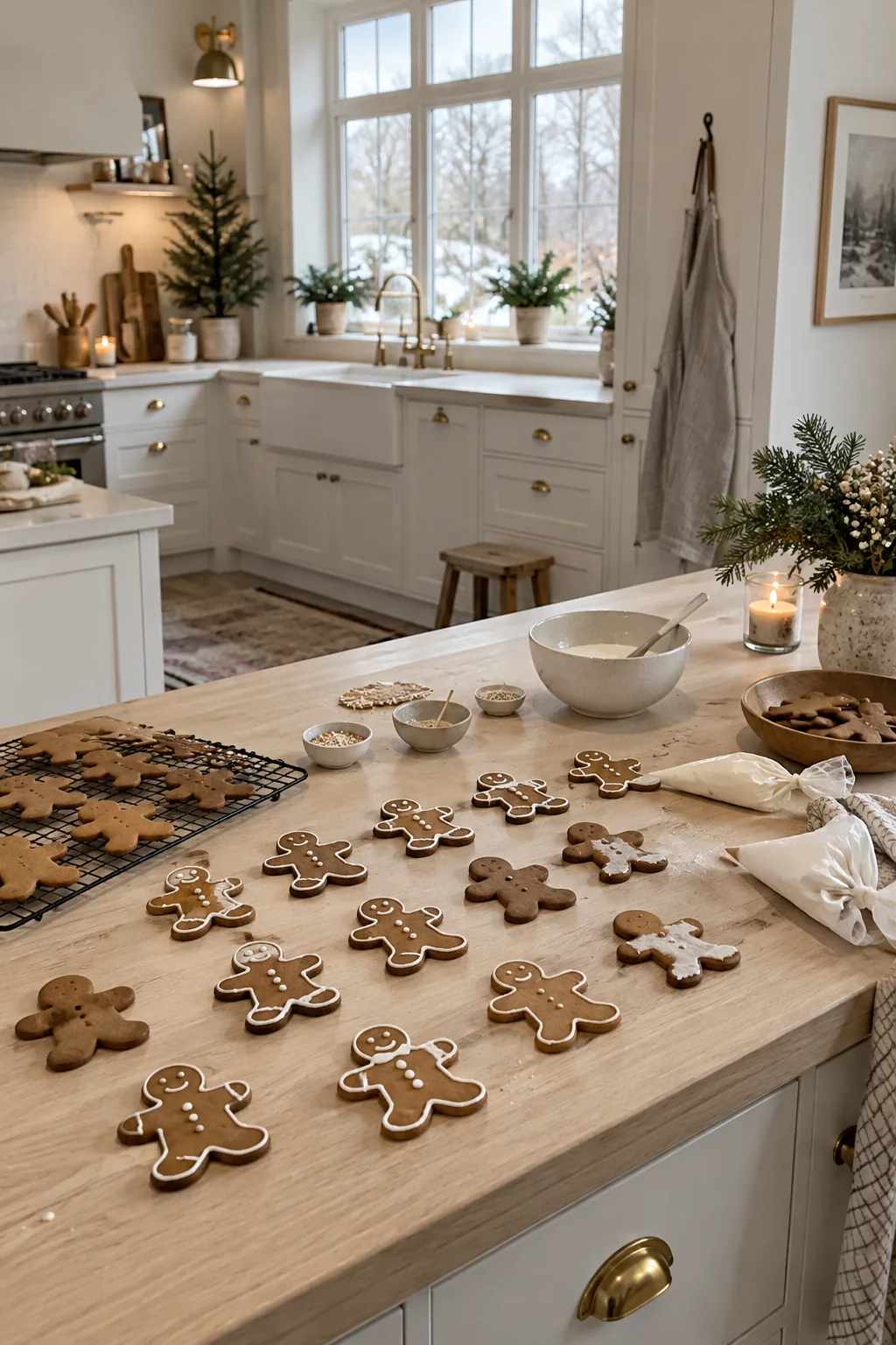 Process shot of outlining and flooding a gingerbread man cookie