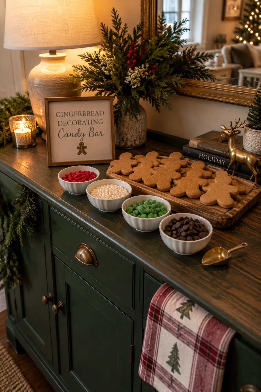 Small ceramic bowls filled with different candies for cookie decorating