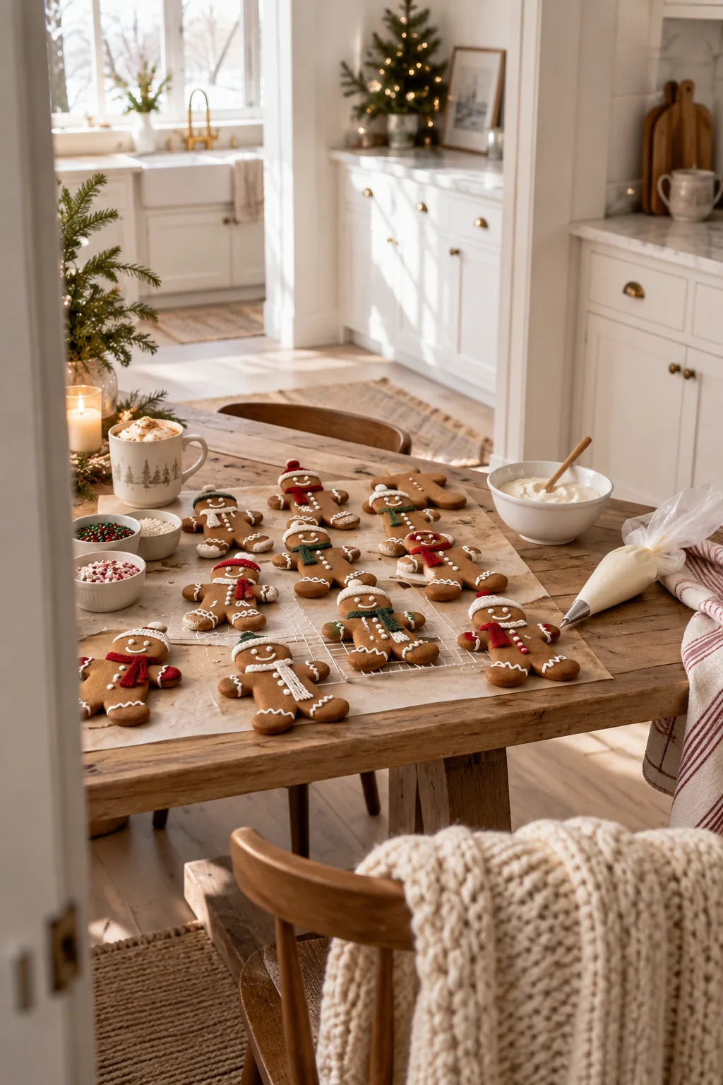Gingerbread men decorated with piped on winter scarves and earmuffs