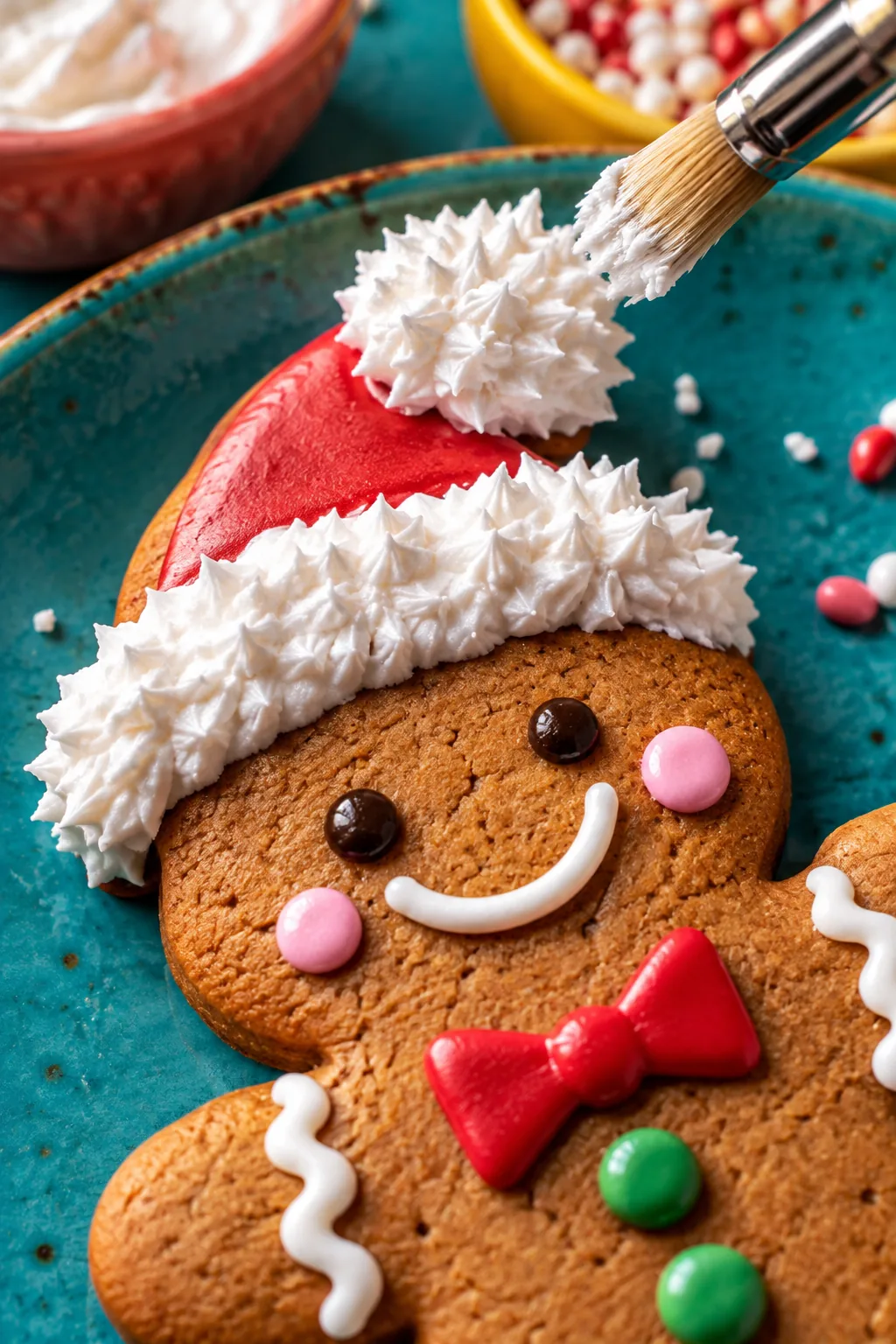 Gingerbread man cookie with a textured white icing pom-pom hat