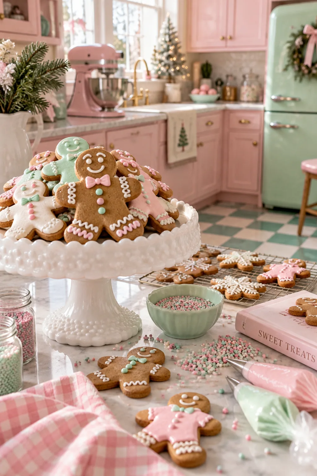 Gingerbread cookies decorated with pastel pink and mint green icing